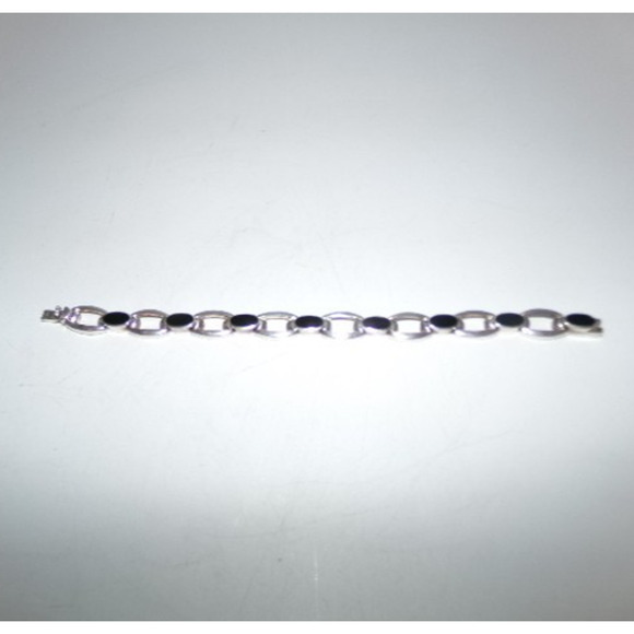 VINTAGE STERLING SILVER & ONYX BRACELET Oval Link Chain link clasp closure - Picture 14 of 16